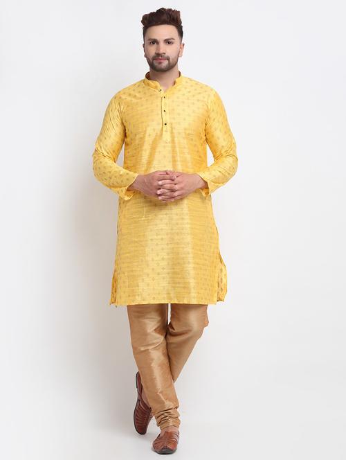 men yellow & golden printed kurta churidar set - 20625056 - Very Small Image - 1