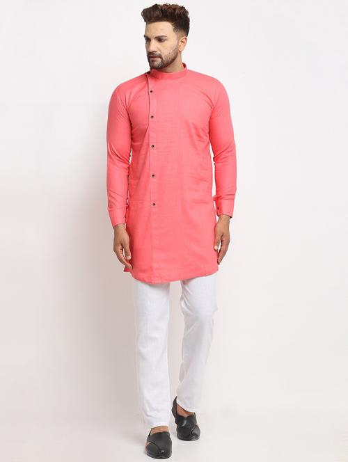 men coral & white solid kurta with trouser - 20625064 - Very Small Image - 1