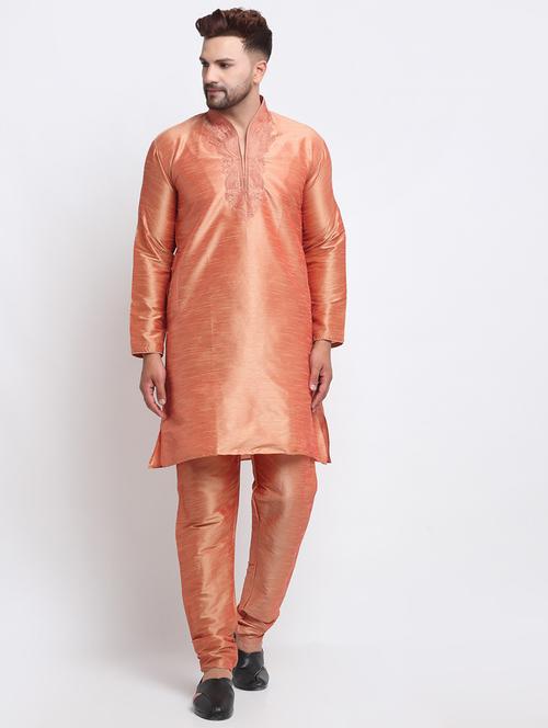 men peach embroidered kurta churidar set - 20625078 - Very Small Image - 1