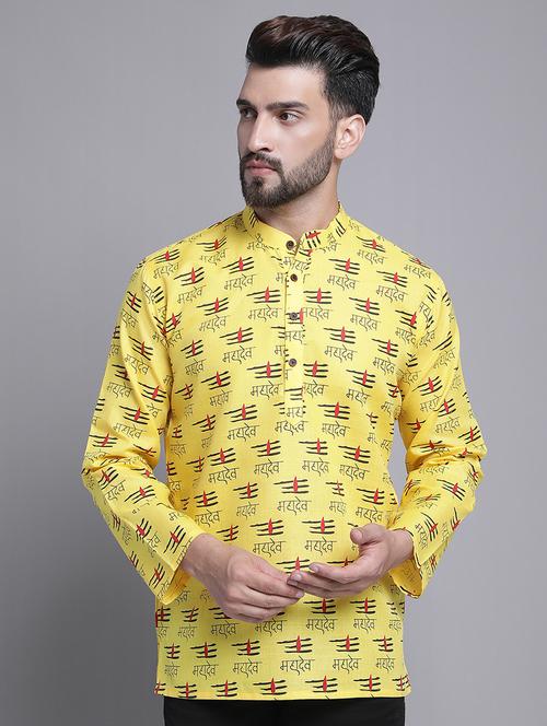 men yellow printed short kurta set - 20625127 - Very Small Image - 1