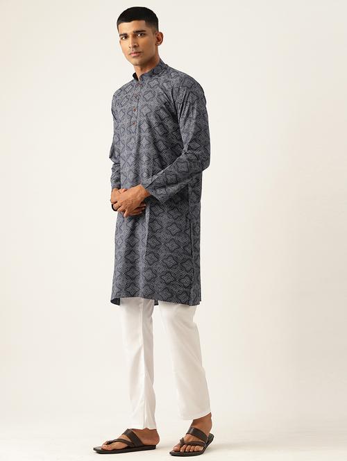 men navy & white printed kurta pyjama set - 20625148 - Very Small Image - 1