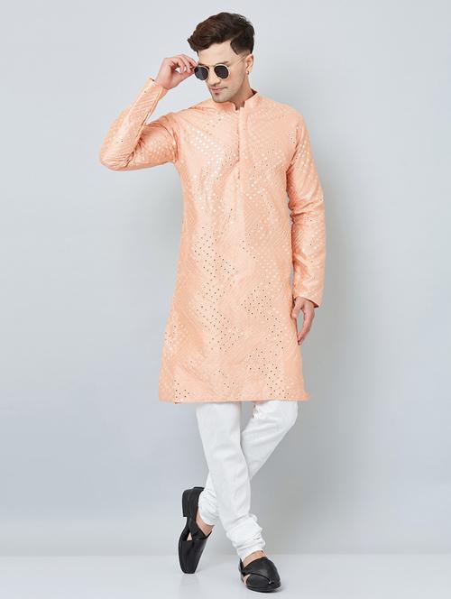 men peach & white mirror work kurta churidar set - 20625169 - Very Small Image - 1