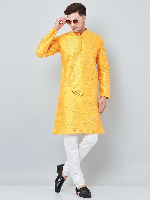 men yellow & white mirror work kurta churidar set - 20625172 - Very Small Image - 1