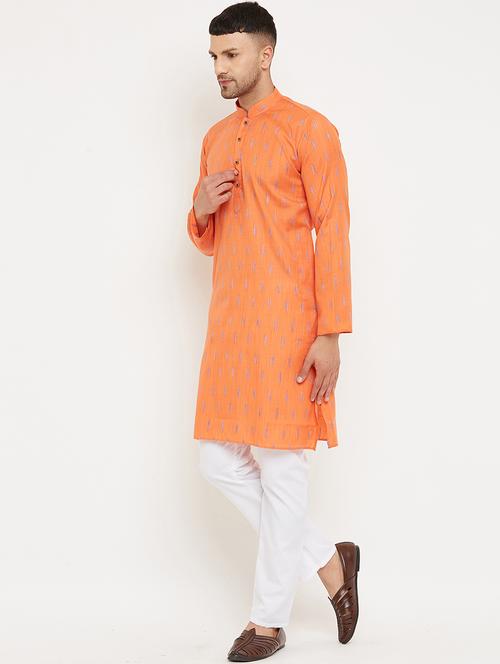 orange khadi cotton kurta pyjama ethnic wear set - 20625216 - Very Small Image - 1