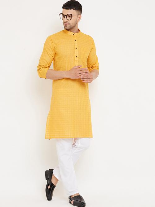 yellow khadi cotton kurta pyjama ethnic wear set - 20625225 - Very Small Image - 1