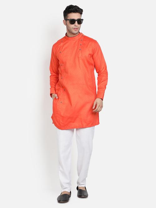 orange khadi cotton kurta pyjama ethnic wear set - 20625258 - Very Small Image - 1