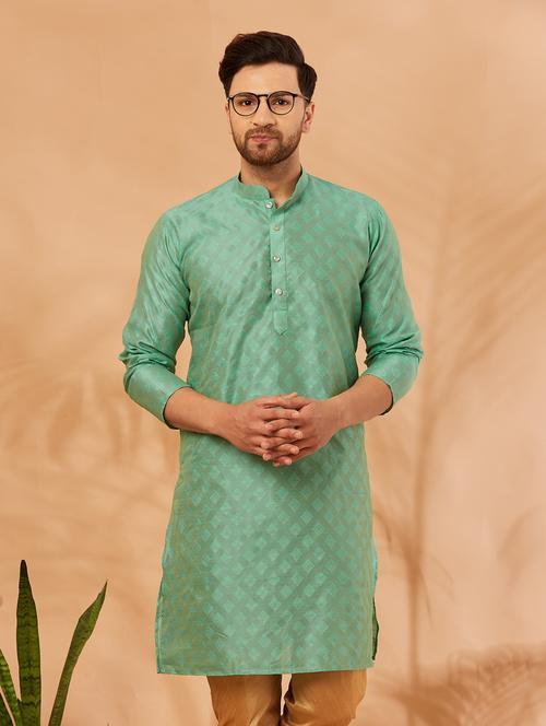 light green khadi cotton kurta pyjama ethnic wear set - 20625261 - Very Small Image - 1