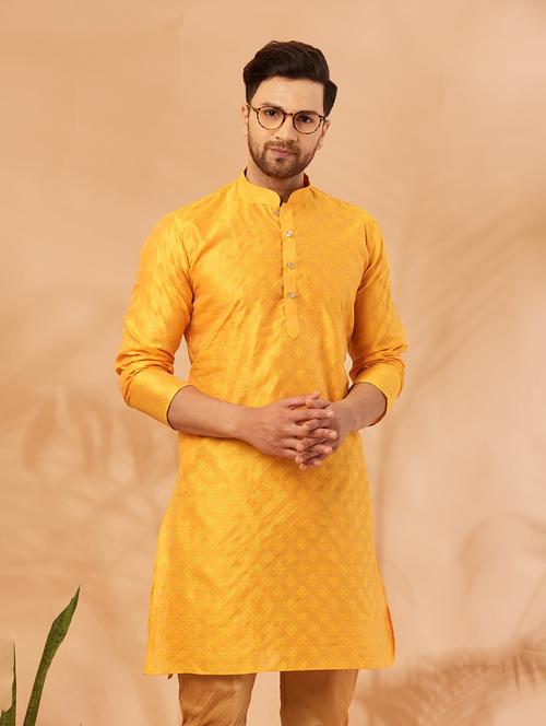 men mustard & golden self design kurta churidar set - 20625263 - Very Small Image - 1
