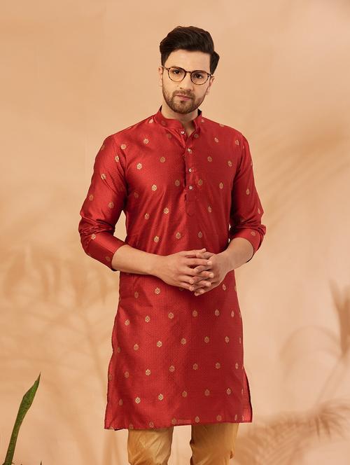 men red & golden self design kurta churidar set - 20625267 - Very Small Image - 1