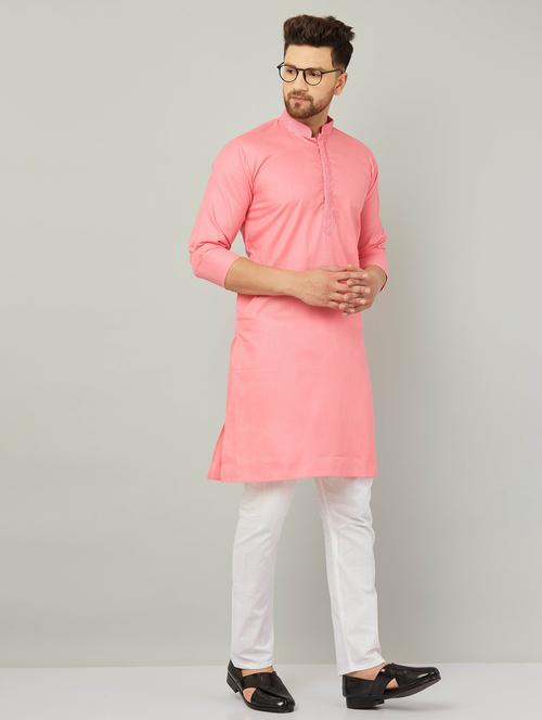 men pink & white embroidered kurta pyjama set - 20625284 - Very Small Image - 1