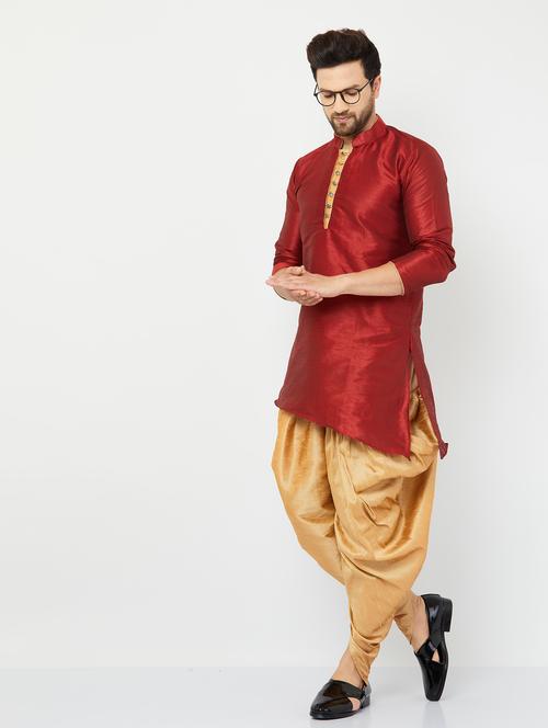 men maroon & gold asymmetric dhoti kurta - 20625299 - Very Small Image - 1