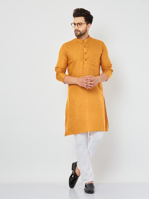 men mustard & white solid kurta pyjama set - 20625308 - Very Small Image - 1