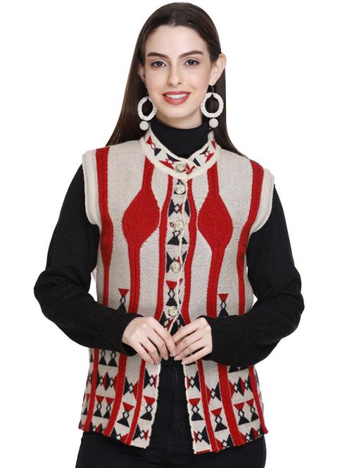 cream self design woollen sleeveless cardigan - 20625456 - Very Small Image - 1