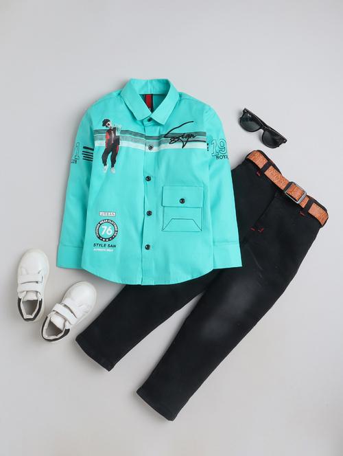 kids green typographic printed detailed shirt & jeans set - 20625697 - Very Small Image - 1