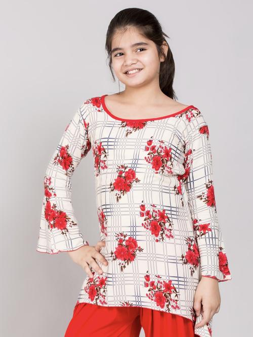 kids red floral printed kurta & salwar set - 20626519 - Very Small Image - 1