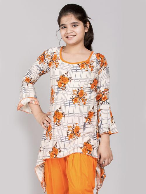 kids orange floral printed kurta & salwar set - 20626522 - Very Small Image - 1
