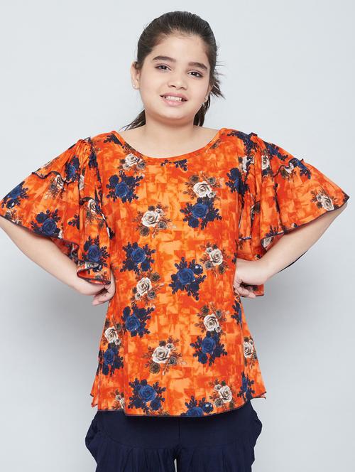kids orange floral printed kurt & salwar set - 20626529 - Very Small Image - 1