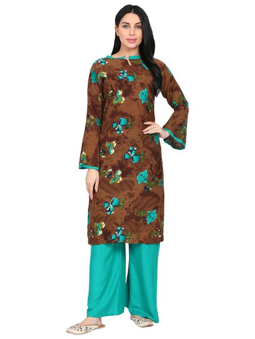 women brown key hole neck kurta palazzo set - 20626579 - Very Small Image - 1