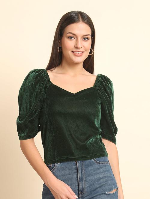 solid green puff sleeves regular top - 20627316 - Very Small Image - 1