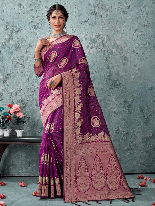 purple self design banarasi saree - 20644084 - Very Small Image - 1