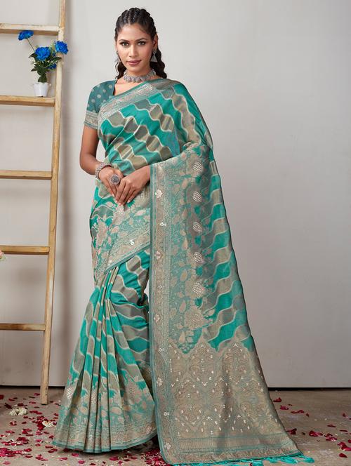 turquoise self design banarasi saree with blouse - 20644099 - Very Small Image - 1