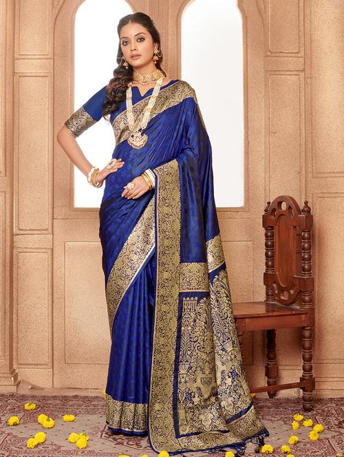 navy blue self design banarasi saree with blouse - 20644106 - Very Small Image - 1