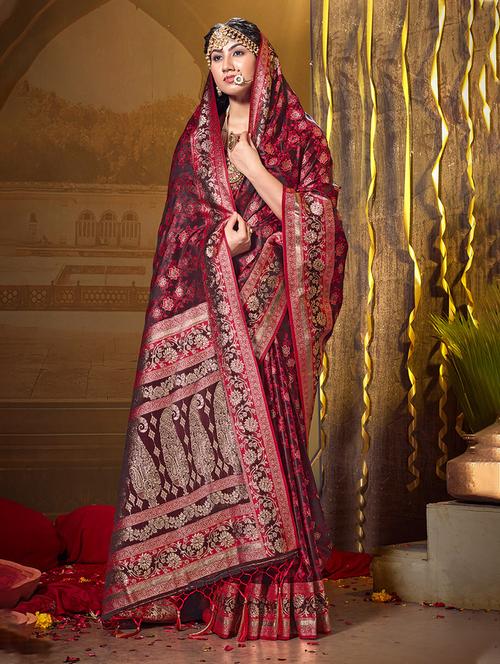 maroon self design banarasi saree - 20644130 - Very Small Image - 1