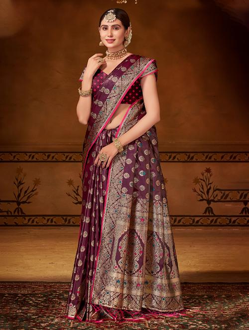 burgundy self design banarasi saree - 20644132 - Very Small Image - 1