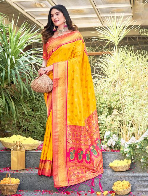 yellow self design banarasi saree - 20644169 - Very Small Image - 1