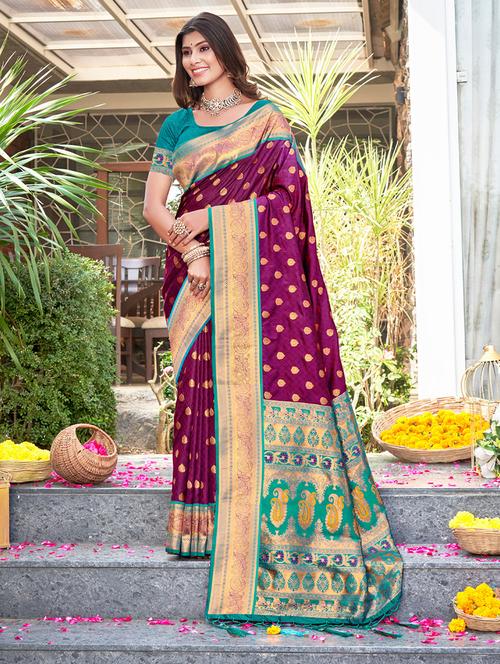 purple self design banarasi saree - 20644173 - Very Small Image - 1