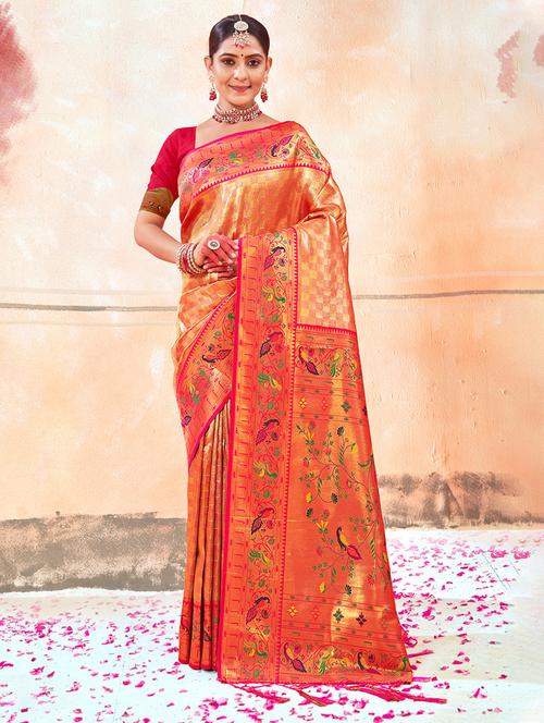 orange self design banarasi saree - 20644185 - Very Small Image - 1