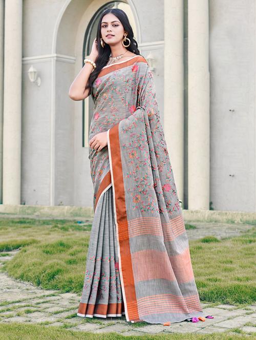 women grey embroidered saree with blouse - 20644202 - Very Small Image - 1