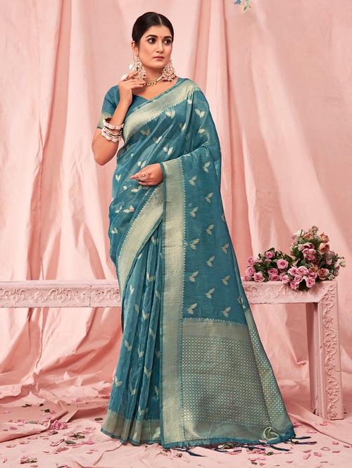 teal self design bordered saree - 20644208 - Very Small Image - 1