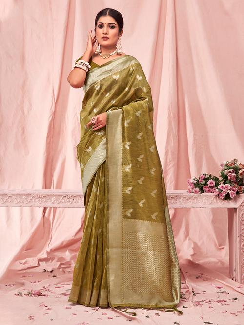 olive self design bordered saree - 20644209 - Very Small Image - 1