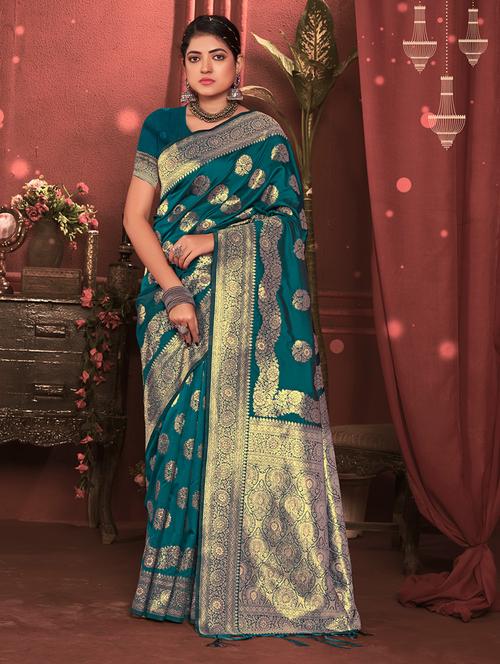 teal self design banarasi saree - 20644211 - Very Small Image - 1