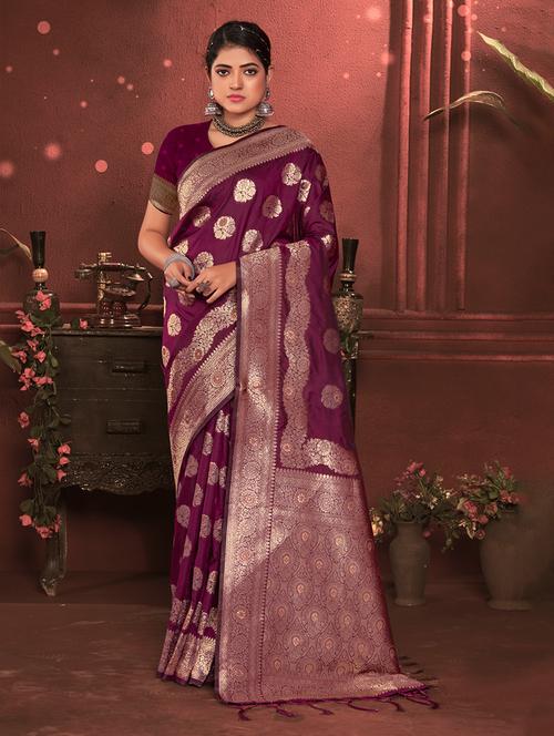purple self design banarasi saree - 20644212 - Very Small Image - 1
