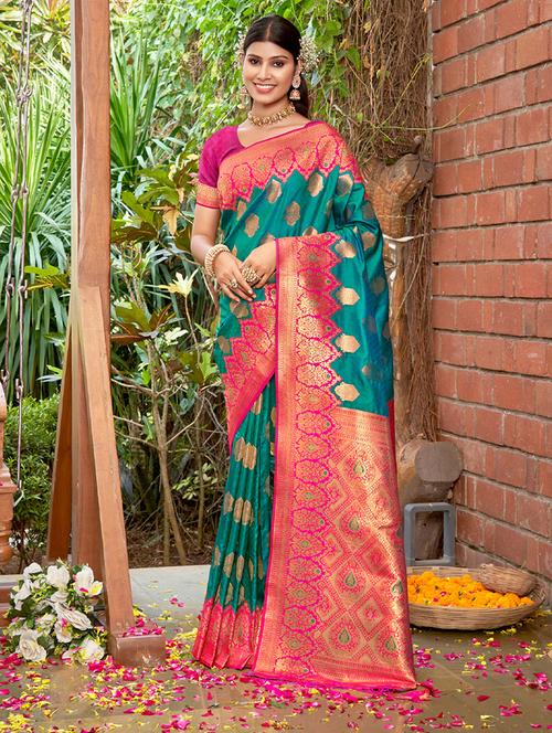 teal self design banarasi saree - 20644221 - Very Small Image - 1
