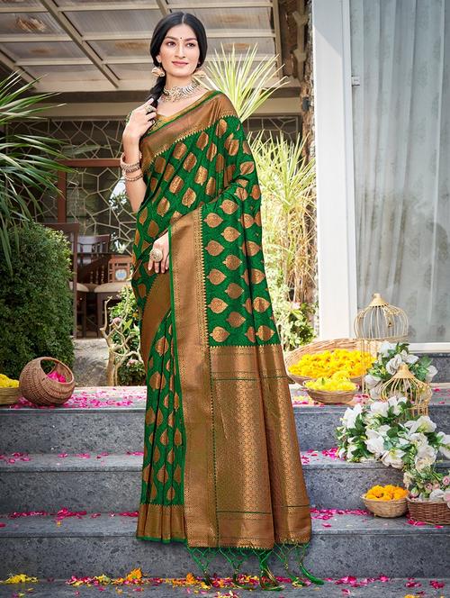 women green self design banarasi saree - 20644238 - Very Small Image - 1