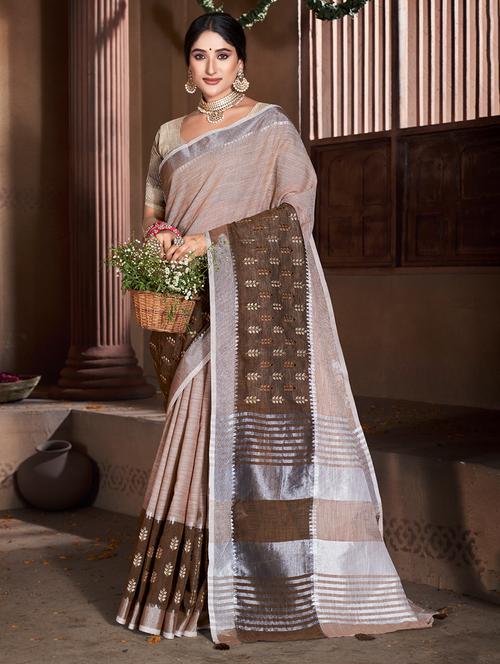 women brown self design handloom saree with blouse - 20644300 - Very Small Image - 1