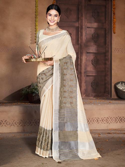 women cream solid handloom saree - 20644302 - Very Small Image - 1