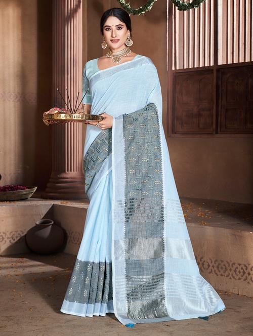 women light blue solid handloom saree with blouse - 20644303 - Very Small Image - 1