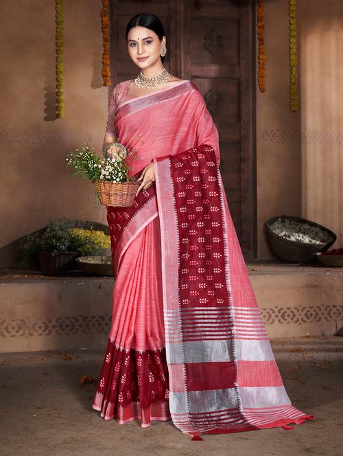 women pink self design handloom saree with blouse - 20644306 - Very Small Image - 1