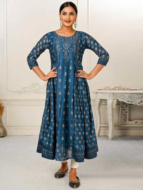blue cotton a-line kurta - 20644593 - Very Small Image - 1