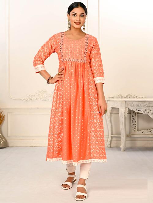 orange cotton flared kurta - 20644595 - Very Small Image - 1