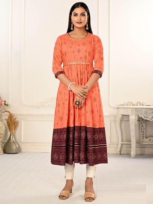 orange foil printed flared kurta - 20644599 - Very Small Image - 1