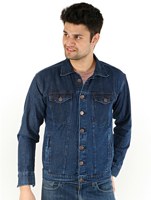 men blue solid denim casual jacket - 20644939 - Very Small Image - 1