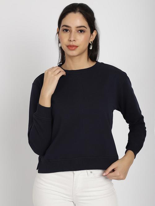 women round neck navy blue solid full sleeve regular sweatshirt - 20646159 - Very Small Image - 1