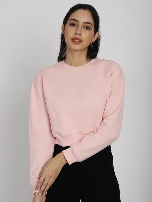 women round neck pink solid full sleeve cropped sweatshirt - 20646175 - Very Small Image - 1