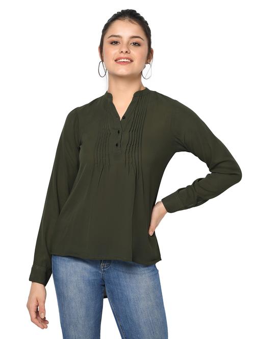 olive green pintuck detailed high low regular top - 20646273 - Very Small Image - 1