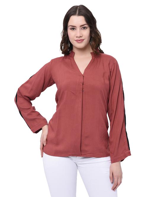 women rust solid notch neck regular top - 20646362 - Very Small Image - 1